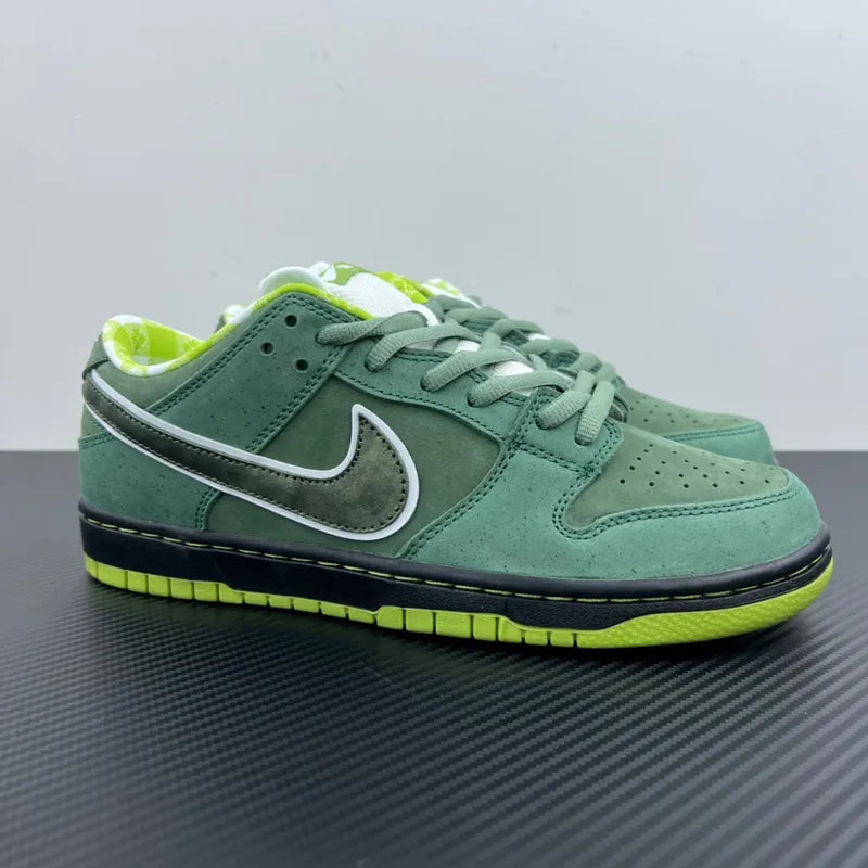 Single green Nike SB Dunk low-top sneaker with white Swoosh and lime outsole