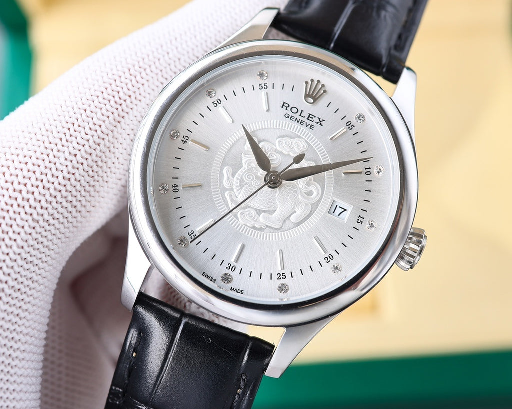 Rolex watch, black leather strap, silver case, white dial with hands and date