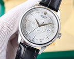 Rolex watch, black leather strap, silver case, white dial with hands and date