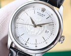 Rolex watch close-up, white dial, black leather strap, silver bezel, date window
