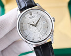 Rolex watch, black leather strap, silver case, white dial, date at 17