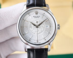Rolex watch, black leather strap, silver bezel, white dial with date window