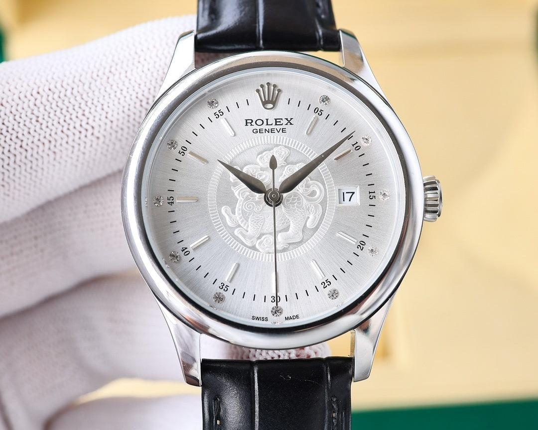 Rolex watch, black leather strap, silver bezel, white dial with date window