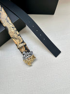 Leather belt details: gold baroque printed strap with silver Medusa buckle, dark navy.