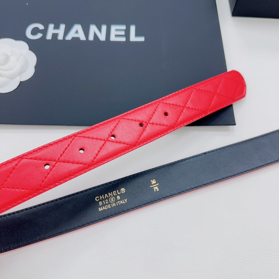 Red Chanel belt quilted leather strap section with punched adjustment holes
