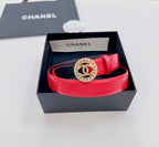 Red Chanel belt with gold CC buckle and quilted leather strap in display box