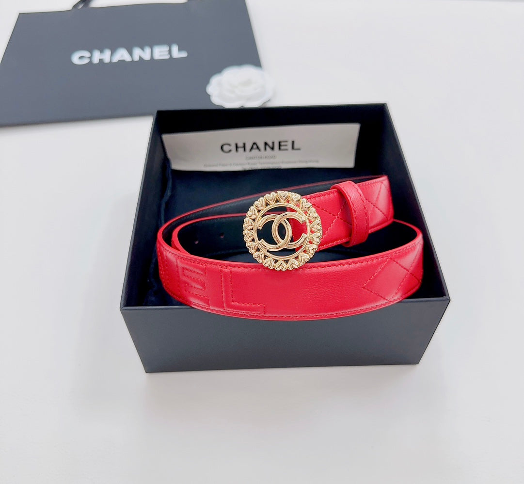 Red Chanel belt with gold CC buckle and quilted leather strap in display box