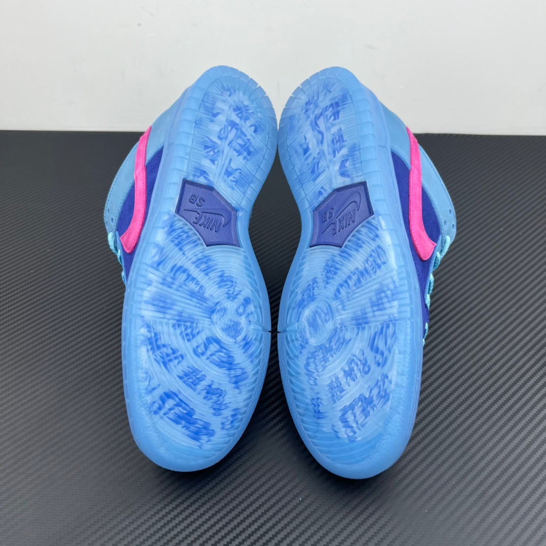 Low-top sneakers showing light-blue patterned outsoles with pink side accents.