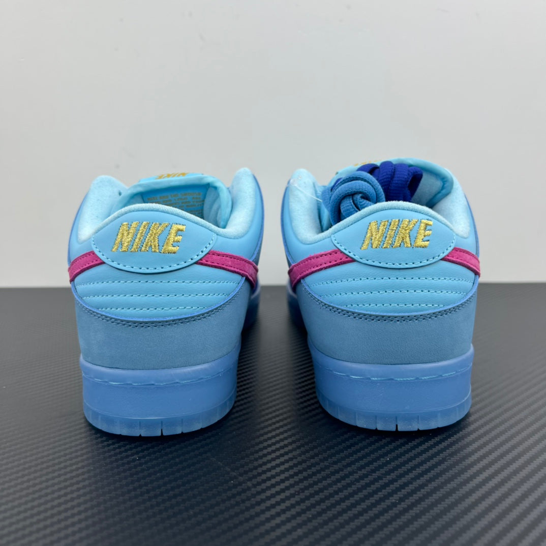 Low-top sneakers with light-blue heel collars and yellow Nike logo on the back.