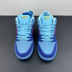 Pair of low-top sneakers with light-blue uppers, purple toe panels, and blue laces.