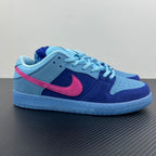 Low-top sneakers in light blue, navy, and pink with Nike swoosh and lace-up.