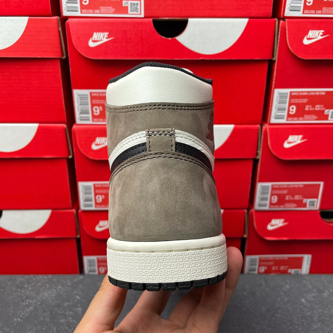 High-top sneakers, back view, tan suede heel with white collar and dark ankle panels