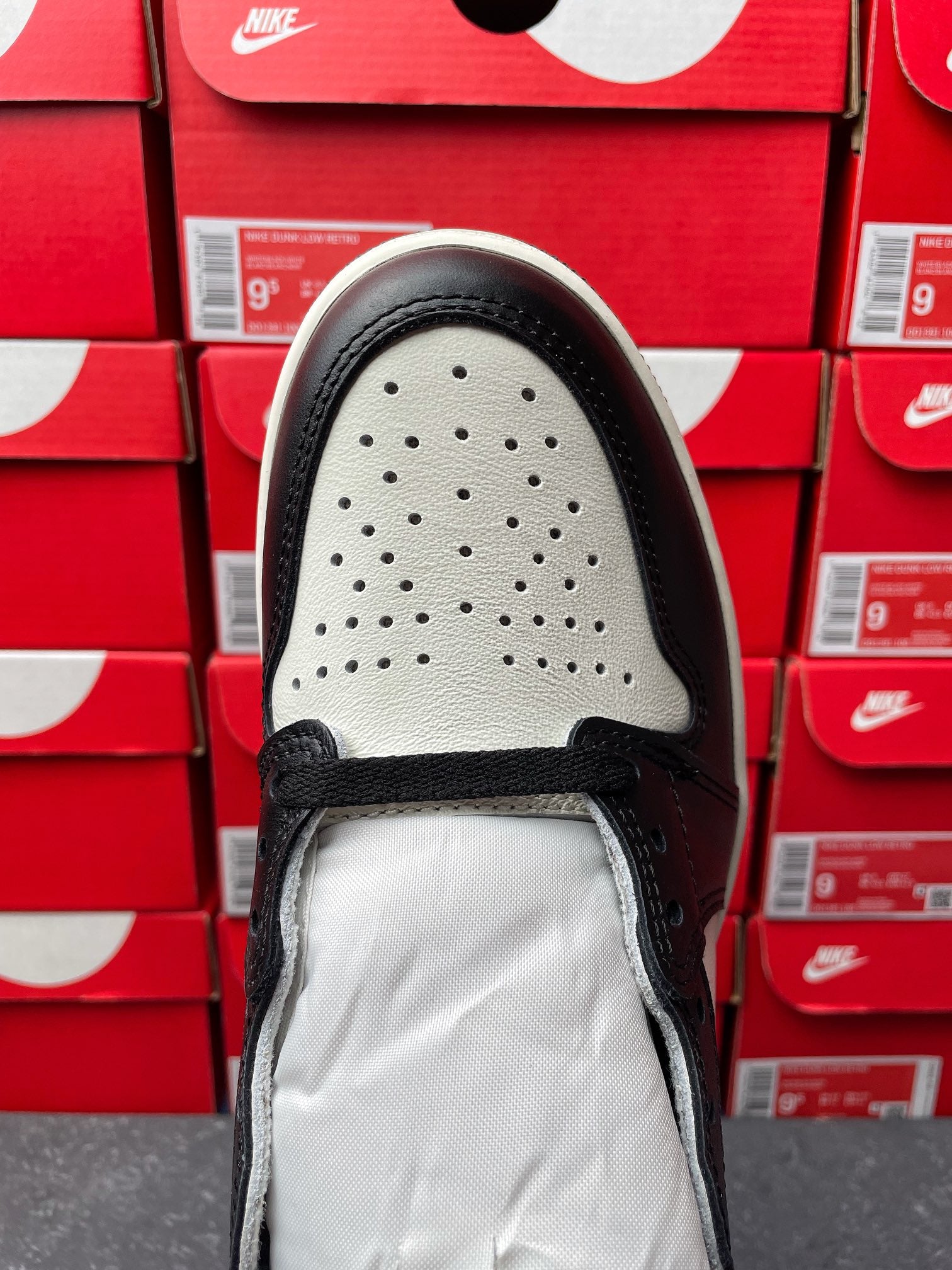 High-top sneakers, top of shoe view, perforated toe area with black laces and lining