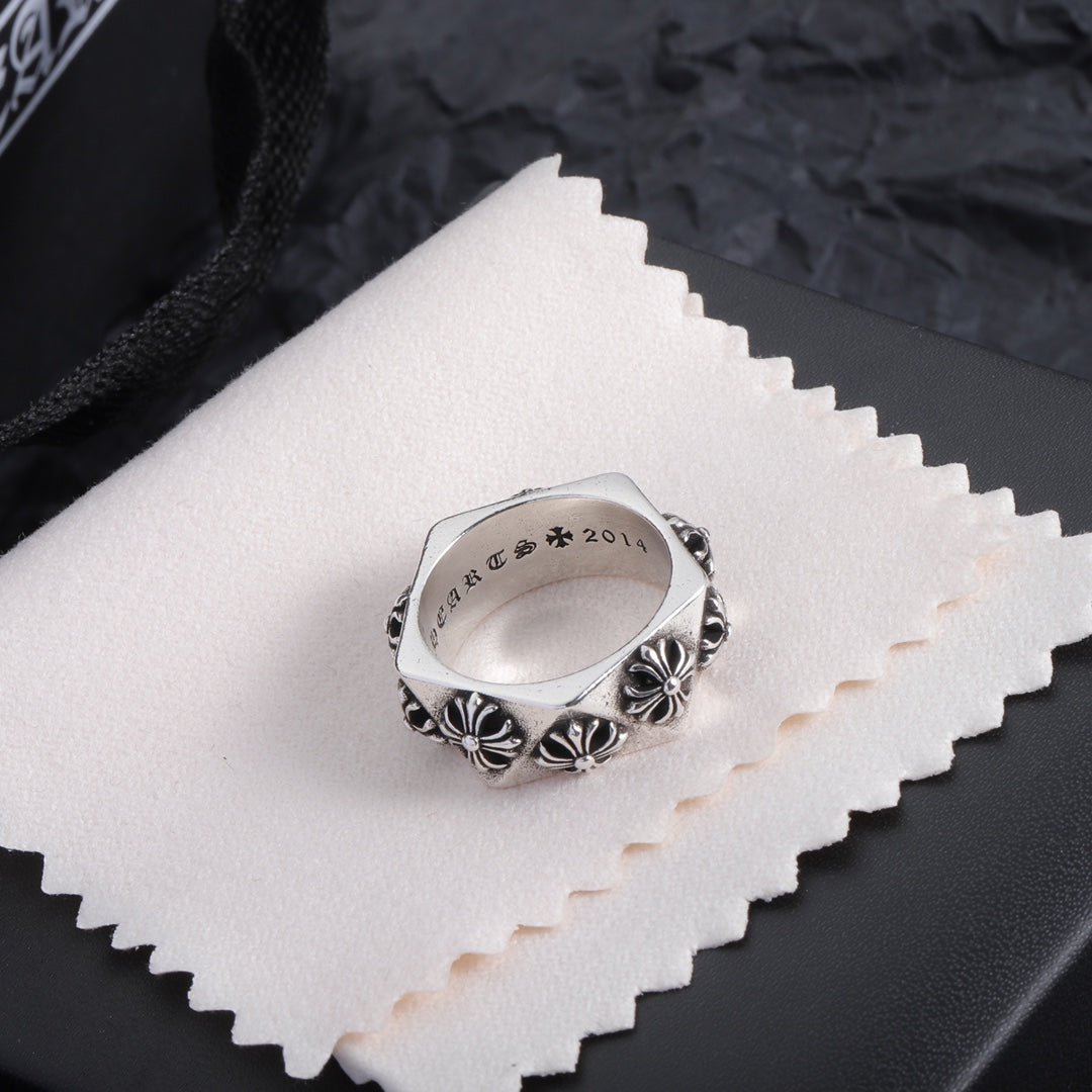 Chrome accessory ring, silver-tone with floral engraving and openwork sides