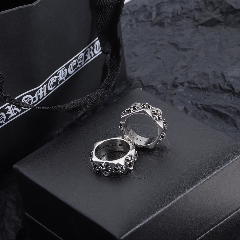Chrome accessory ring pair, silver-tone rings with floral engravings on the bands