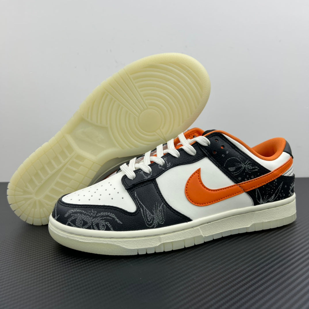Low-top sneakers shown from side; white sole, black and white upper, orange Swoosh.