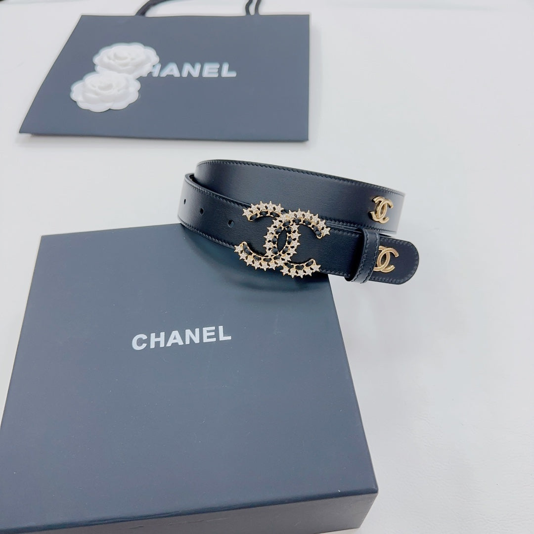 Chanel belt dark blue leather with gold-toned CC buckle and stitched edge