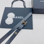 Chanel belt diagonal view in dark blue leather with gold-toned CC buckle