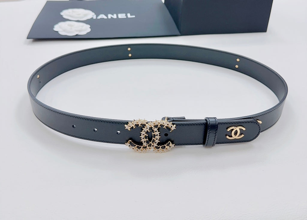 Chanel belt dark blue leather with gold-toned CC buckle at center