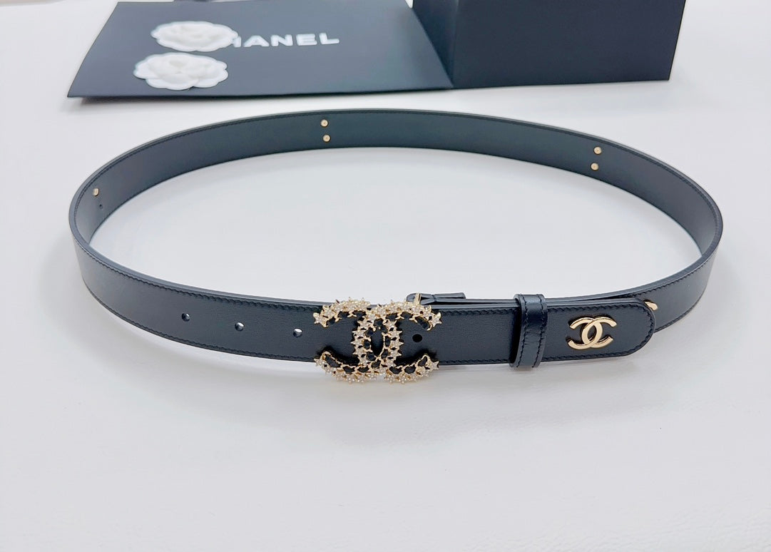 Chanel belt dark blue leather with gold-toned CC buckle at center