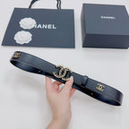 Chanel belt dark blue leather with gold-toned CC buckle and adjustable keeper
