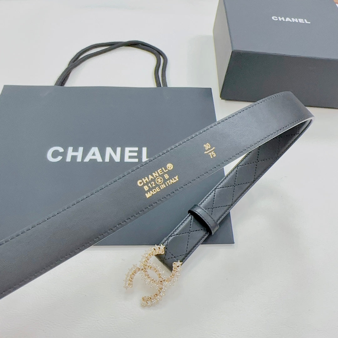 Chanel dark blue leather belt with gold-tone logo near buckle and CC pull tab