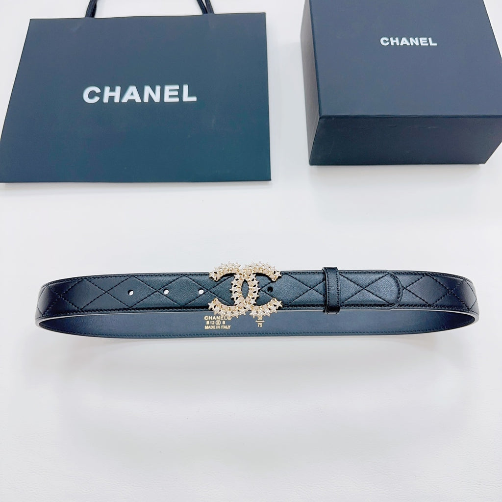 Chanel dark blue leather belt with gold-tone CC buckle and diamond stitching detail