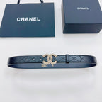Chanel dark blue leather belt with gold-tone CC buckle and diamond stitching detail