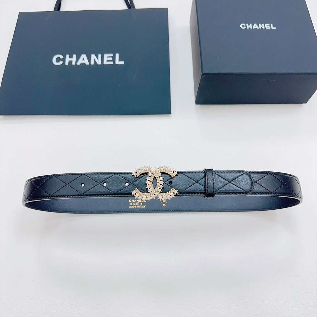 Chanel dark blue leather belt with gold-tone CC buckle and diamond stitching detail