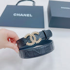 Chanel dark blue leather belt with quilted pattern and gold-tone CC buckle, side view