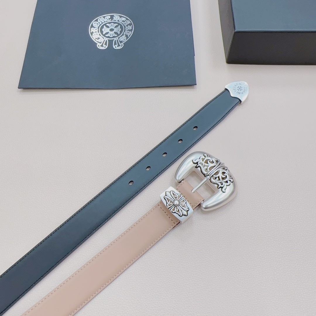 Chrome belt showing perforated dark strap and beige center strap with silver buckle