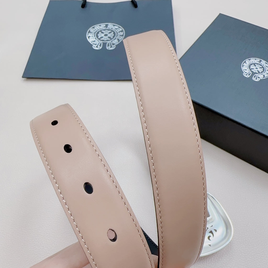 Chrome belt straps with beige leather and punched holes