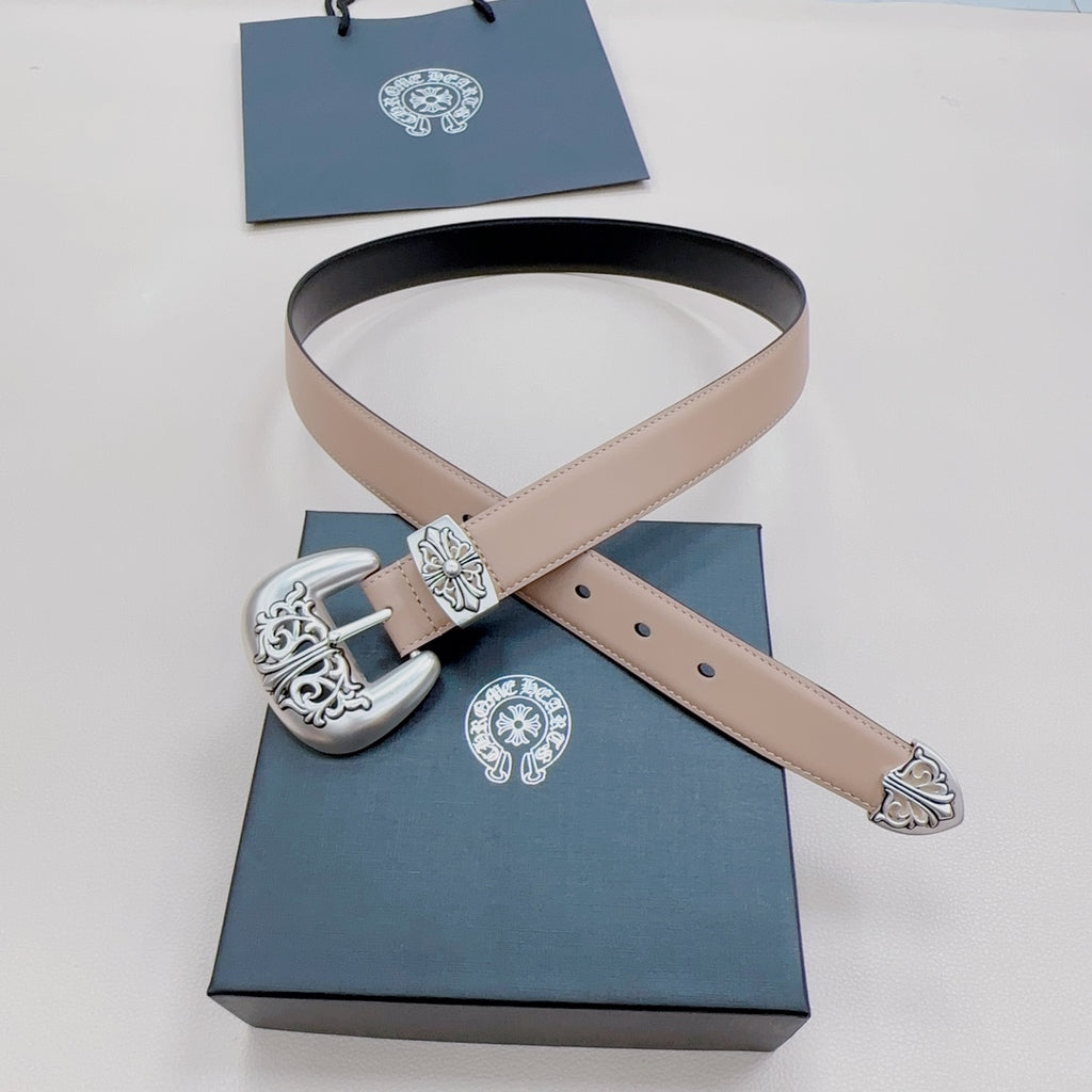 Chrome belt with beige strap, dark reverse, and silver ornate buckle