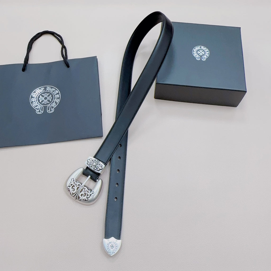 Chrome belt with dark blue leather strap, silver buckle and visible adjustment hole line