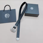 Chrome belt with dark blue leather strap, silver buckle and visible adjustment hole line