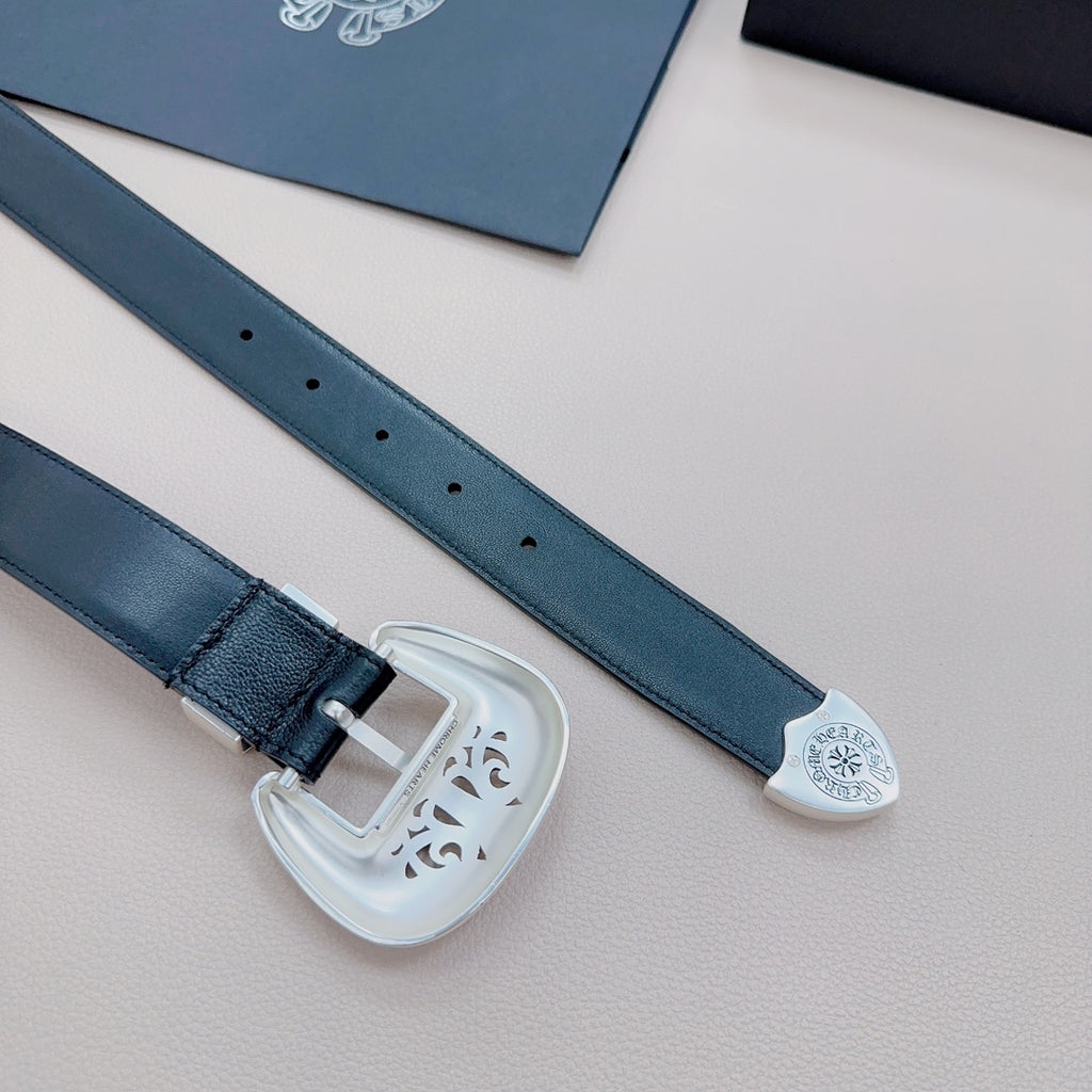 Pair of dark blue leather belts with silver square buckle; perforated strap holes visible.