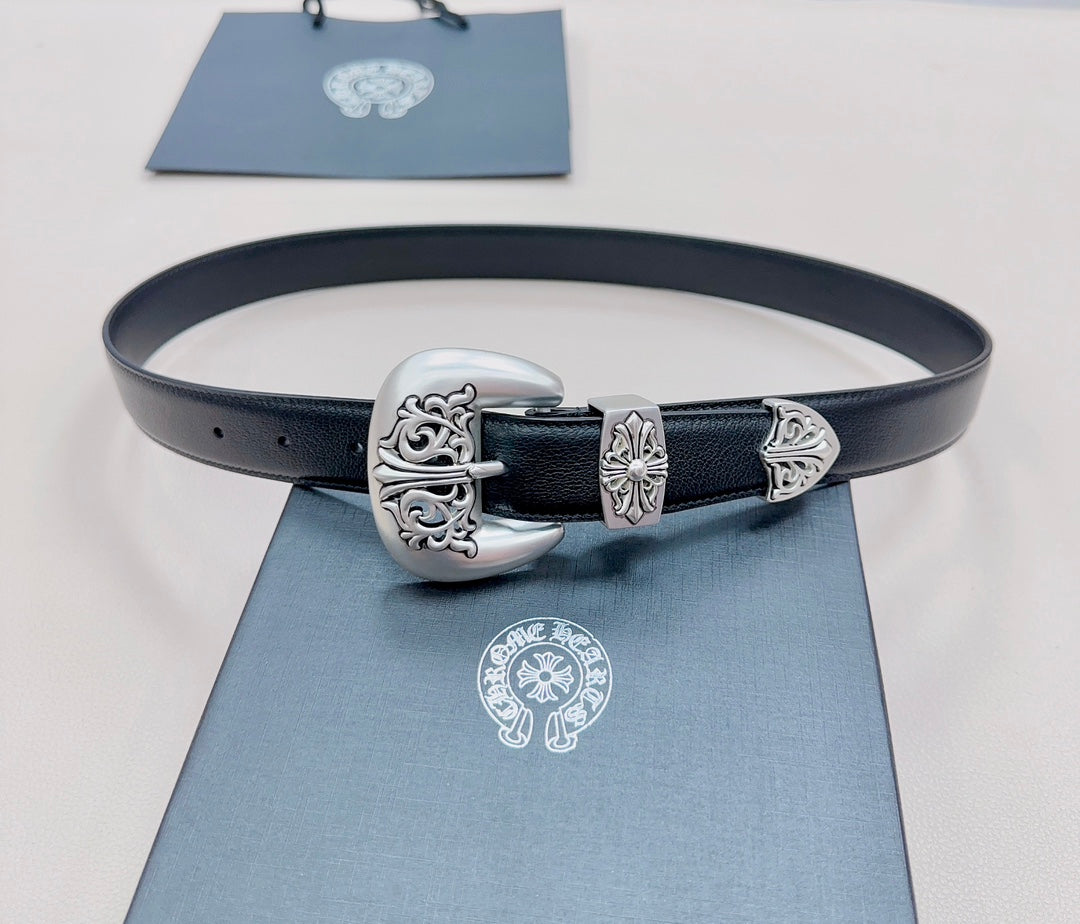 Dark blue leather belt with silver buckle and decorative center plate; includes metal keeper.