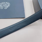 Chrome belt strap with embossed logo lettering