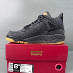Denim high-top sneakers with black lace-up, yellow outsole, red side detail.