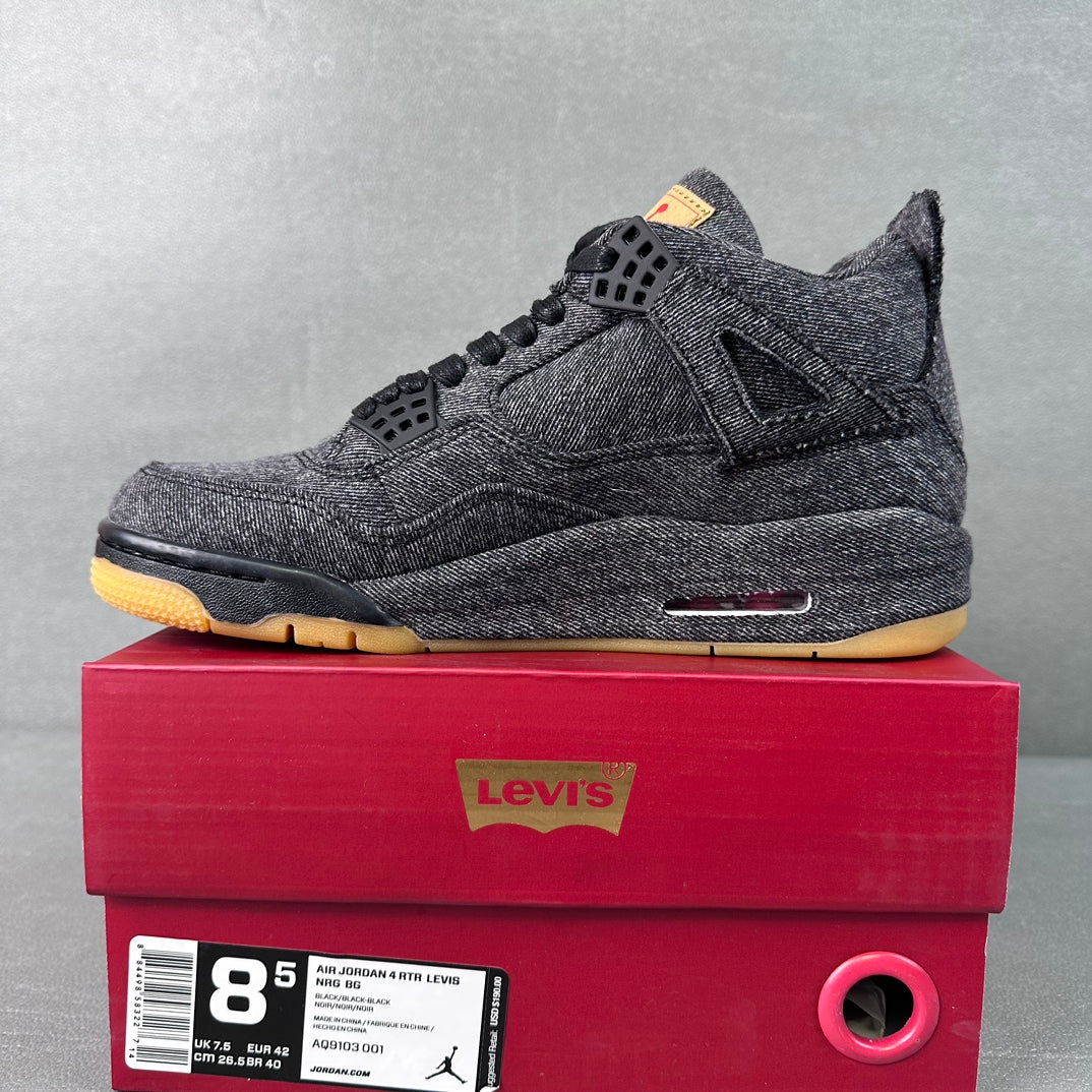 Denim high-top sneakers with black lace-up, yellow outsole, red side detail.