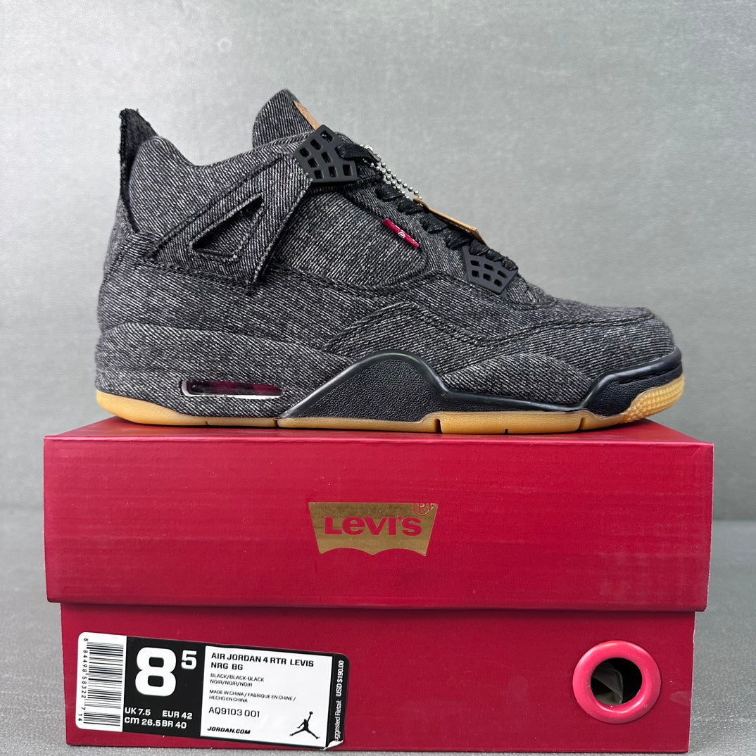 Denim high-top sneakers, black laces, yellow outsole, red lace accents, Jordan-style midsole.