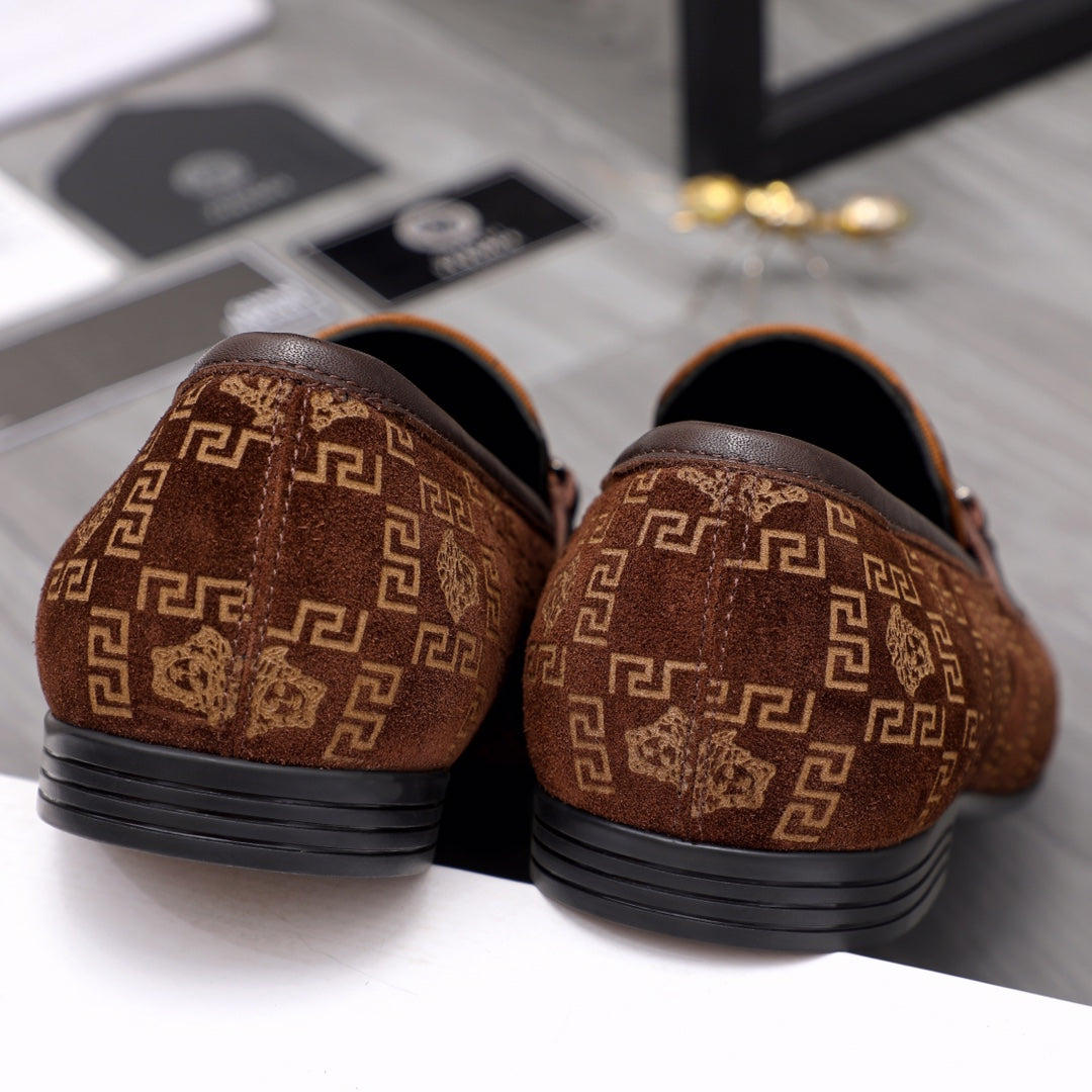 Versace luxury loafers heel view in brown monogram print with rubber sole