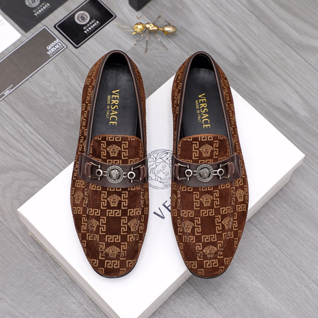 Versace luxury loafers in brown with patterned monogram and front bar buckle