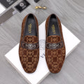 Versace luxury loafers in brown with patterned monogram and front bar buckle