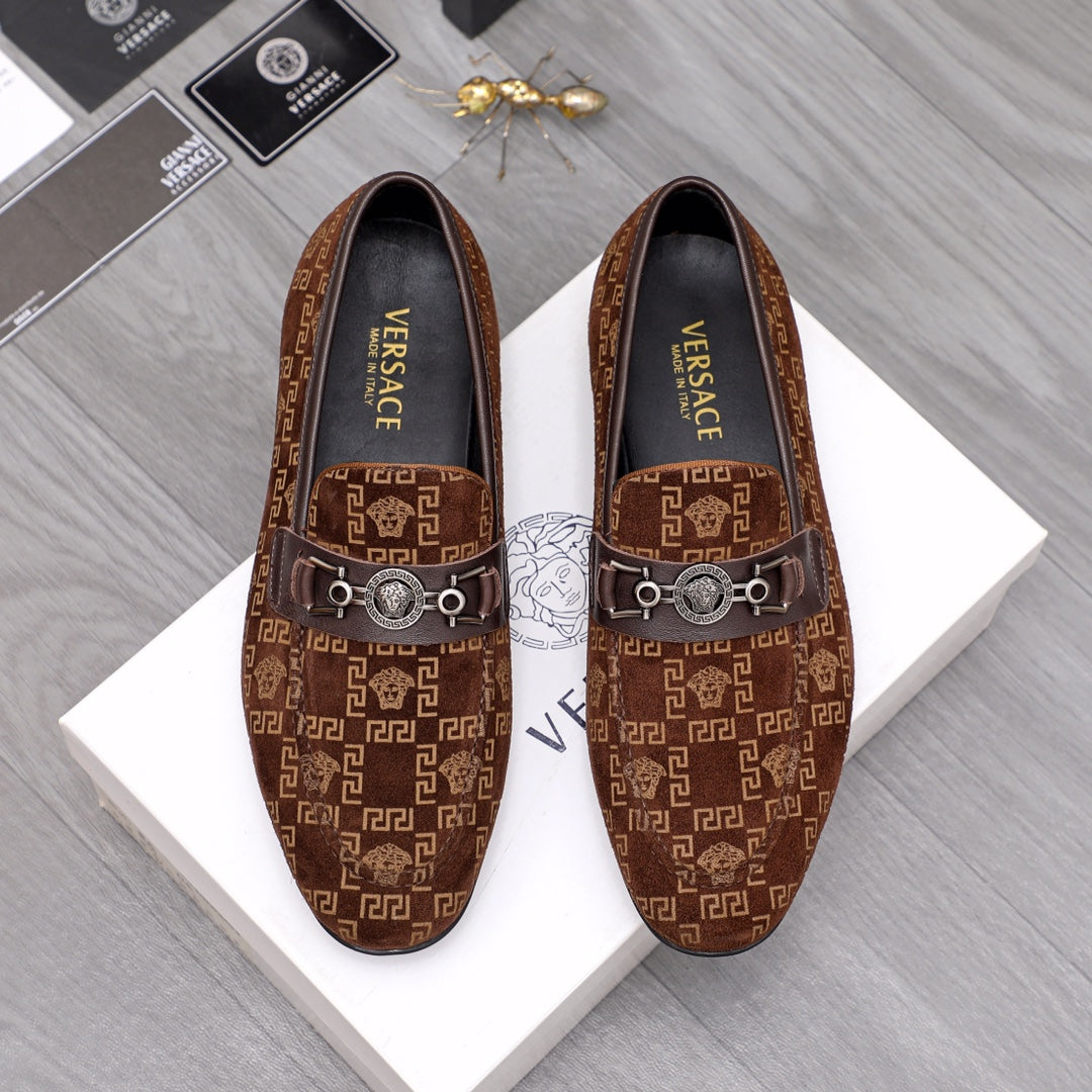 Versace luxury loafers in brown with patterned monogram and front bar buckle