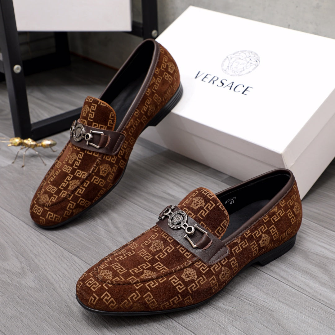 Versace luxury loafers, brown patterned fabric with metal bar buckle ornament