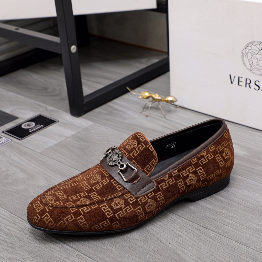 Versace luxury loafers, brown monogram print with front metal buckle detail