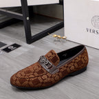 Versace luxury loafers, brown monogram print with front metal buckle detail