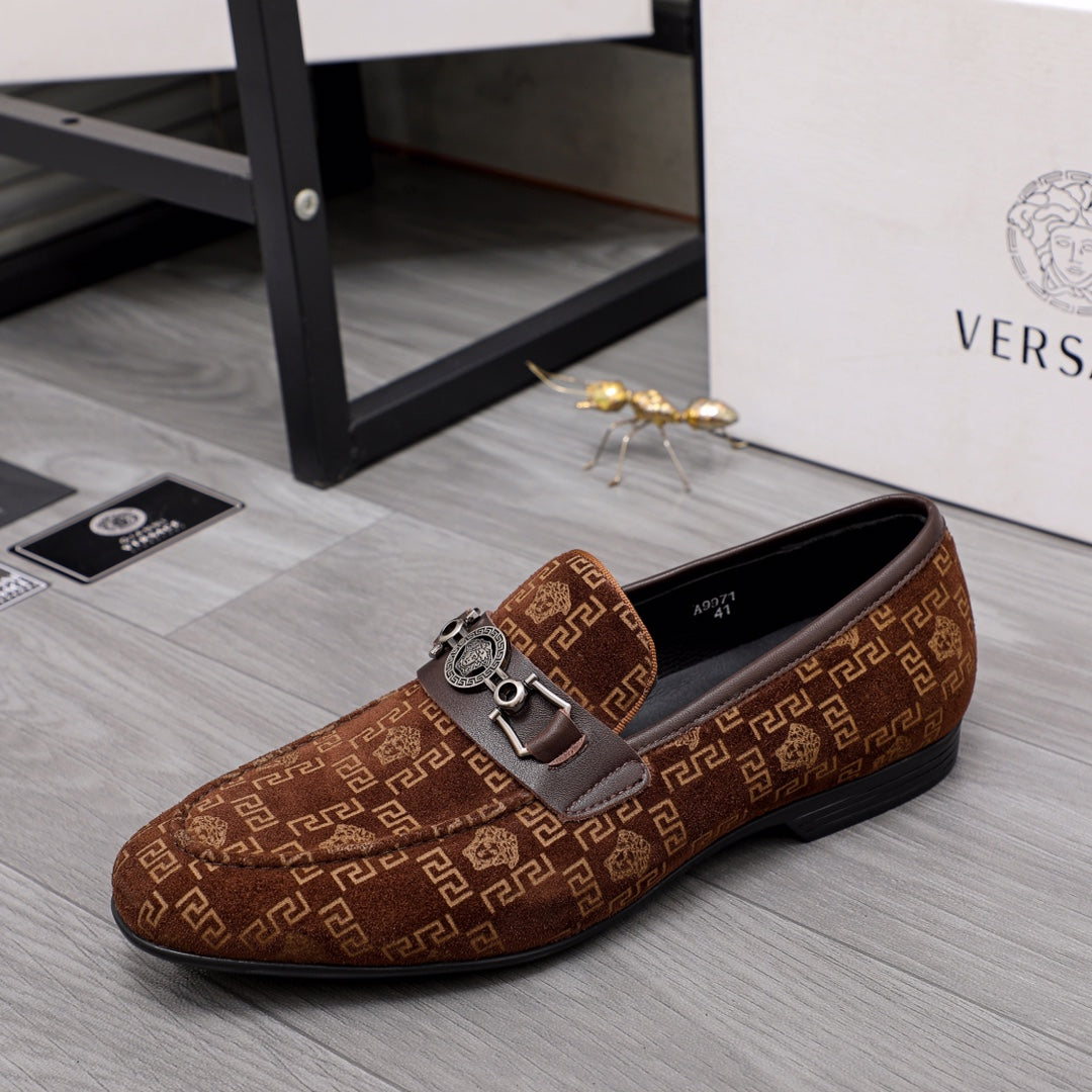 Versace luxury loafers, brown monogram print with front metal buckle detail