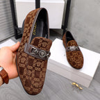 Versace luxury loafers in brown monogram with front bar buckle and stitched trim